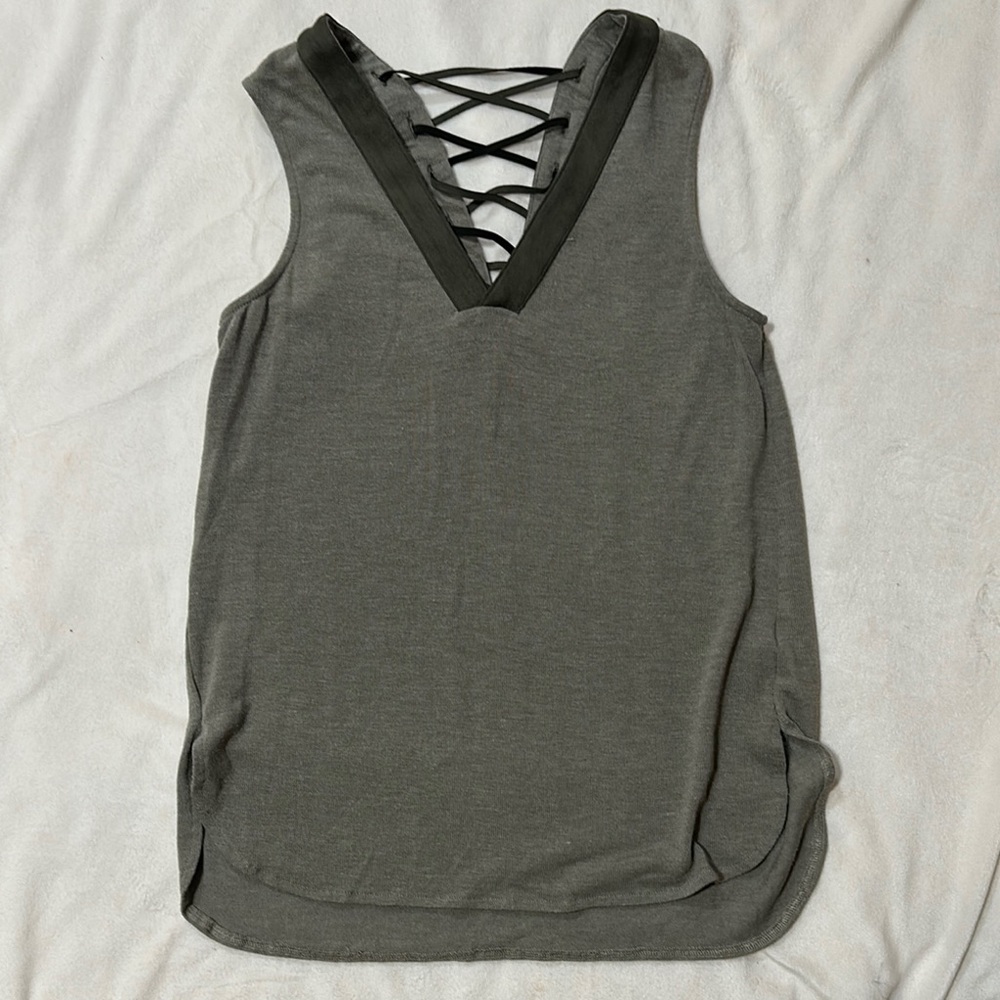 EUC Women’s green tank with suede trim and lace up back detail size sm